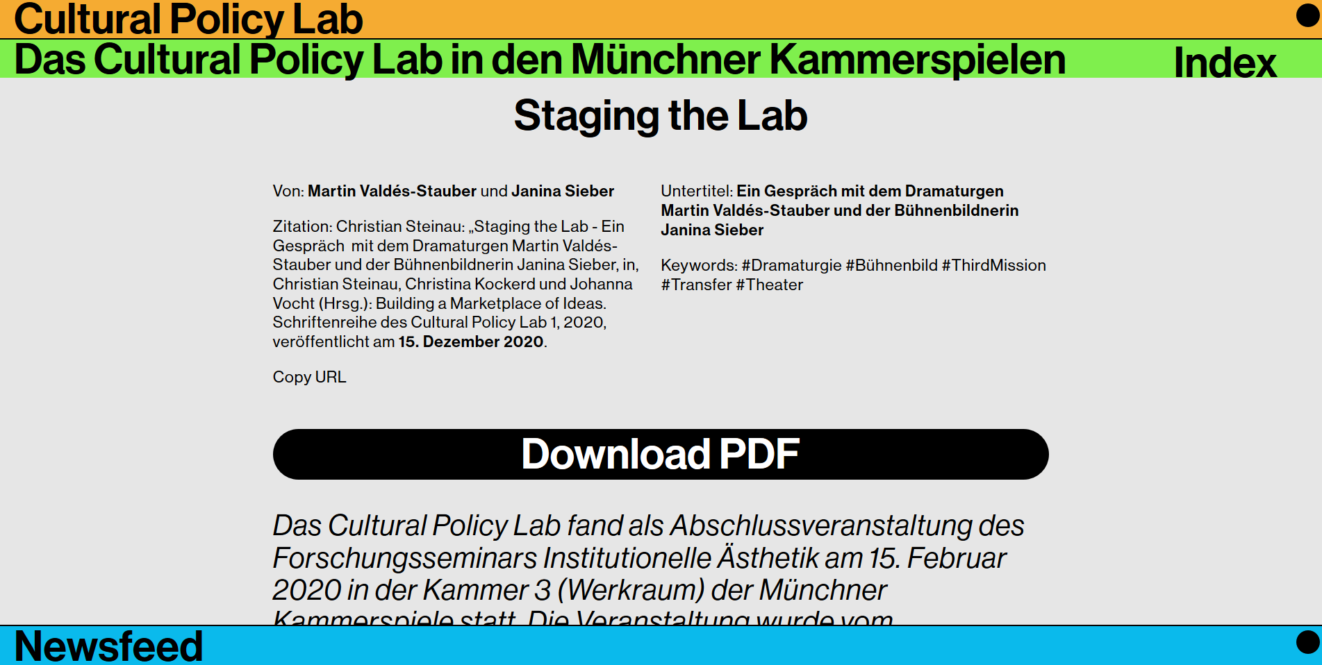 Ansicht der Artikel mit Downloadfunktion der Paper. © Cultural Policy Lab