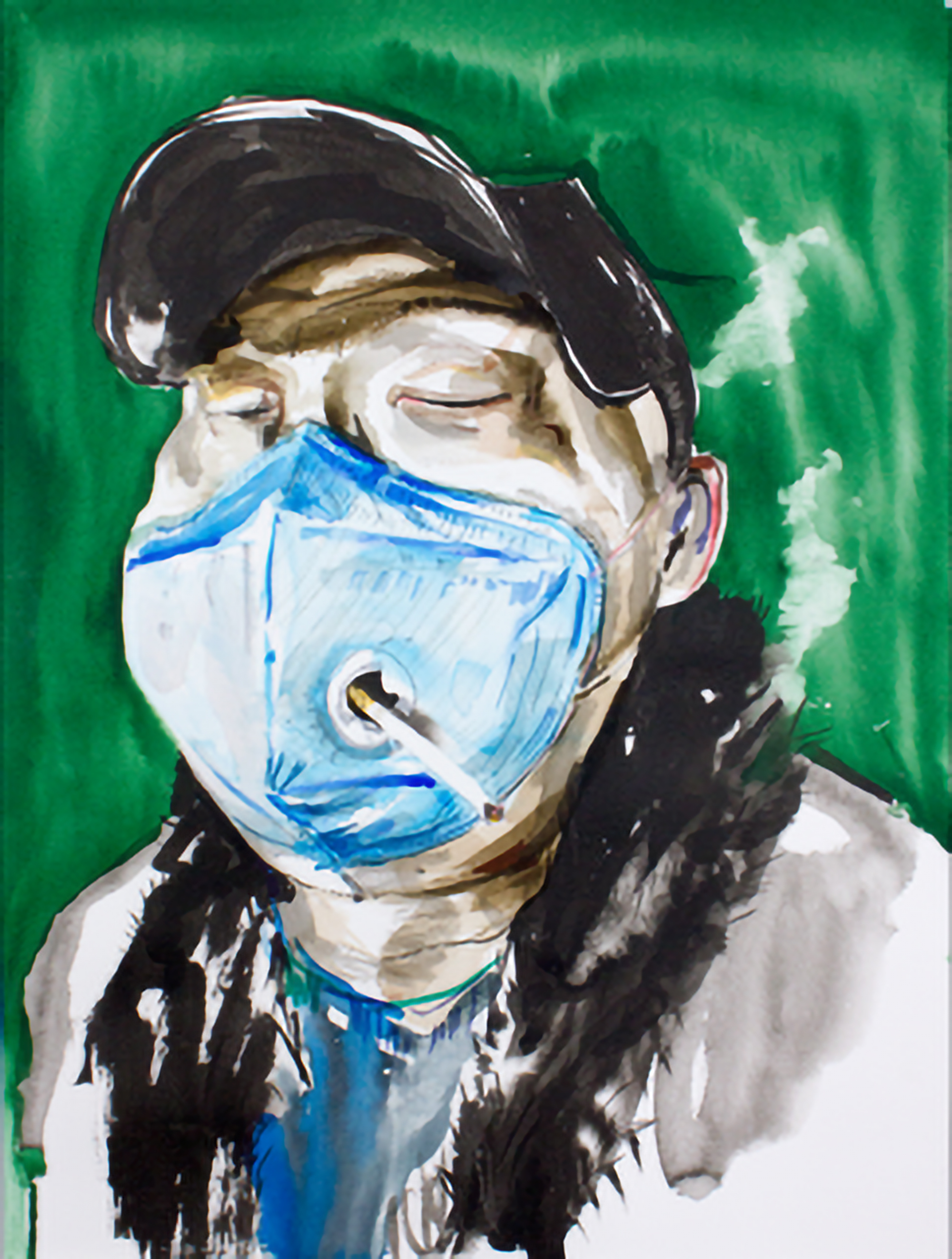 Anna Härtelt: Smart Smoker, Serie Situationselastisch, Aquarellfarbe und Tusche auf Papier, 56 x 42 cm, 2020, © Anna Härtelt.